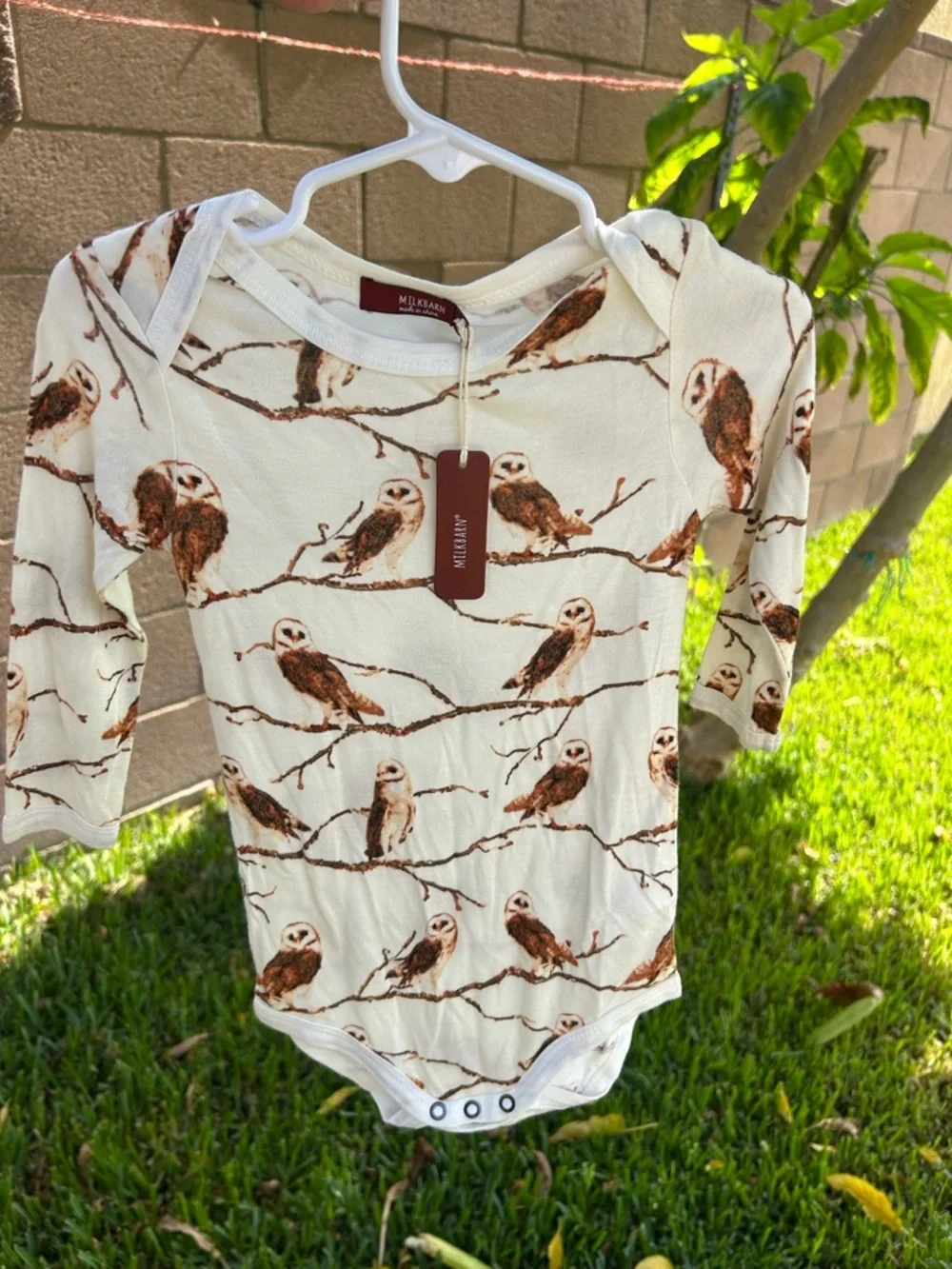 Milkbarn Cream and Brown Owl Print Long-Sleeve One-Piece